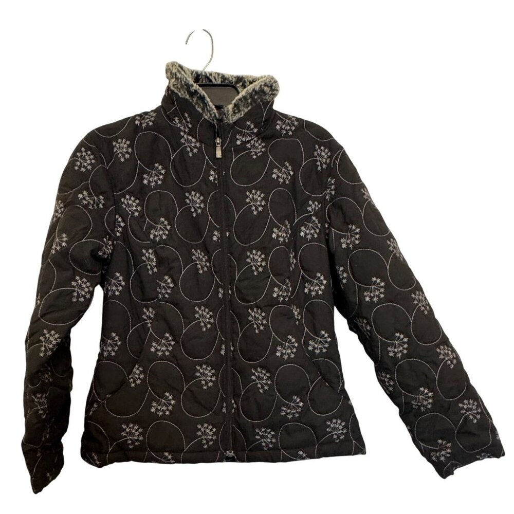 Cabelas Quilted Winter Jacket Womens S Black Embroidered Faux Fur Collar Warm St